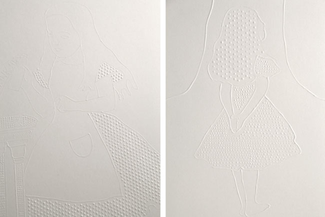 The image shows two white line drawings on white paper. On the left, a girl with long hair wears a dress with a patterned hem and a pinafore-style apron. She holds a tray or plate in her left hand. On the right, a girl with short hair wears a dress with a dotted pattern. Both drawings are simple line art with no shading or color.