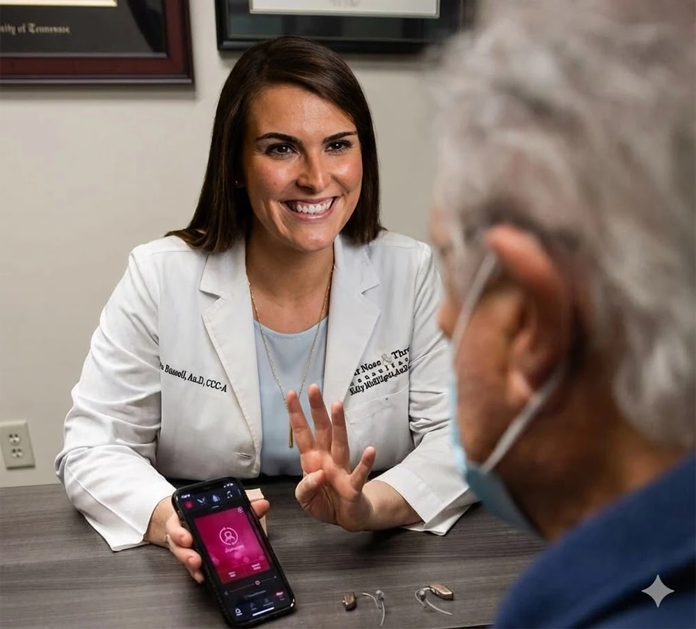 Man sitting in a testing booth having a hearing test