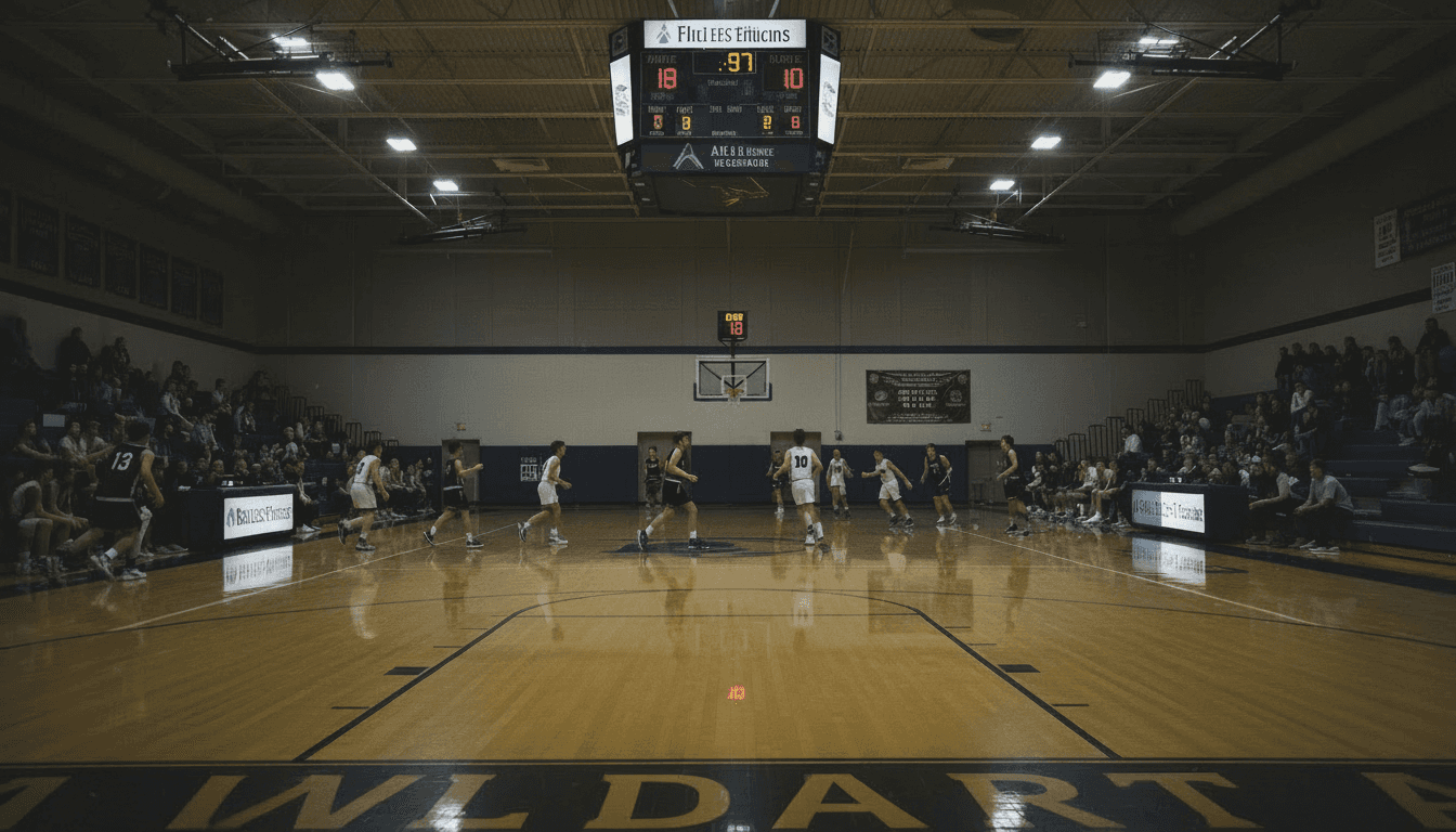 Drone shot of a running track at night