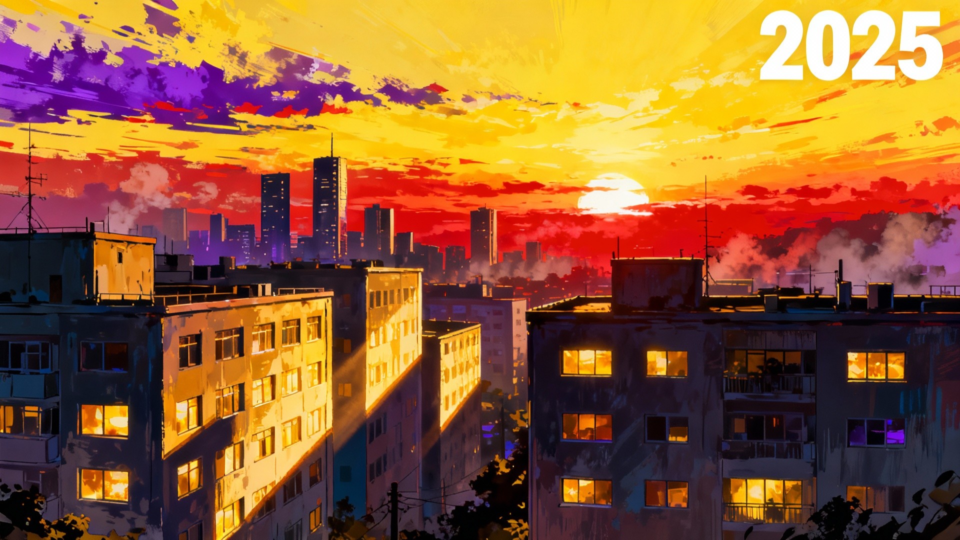 A digital, anime-inspired painting depicting a sunset over a city with outdoor text "2025"