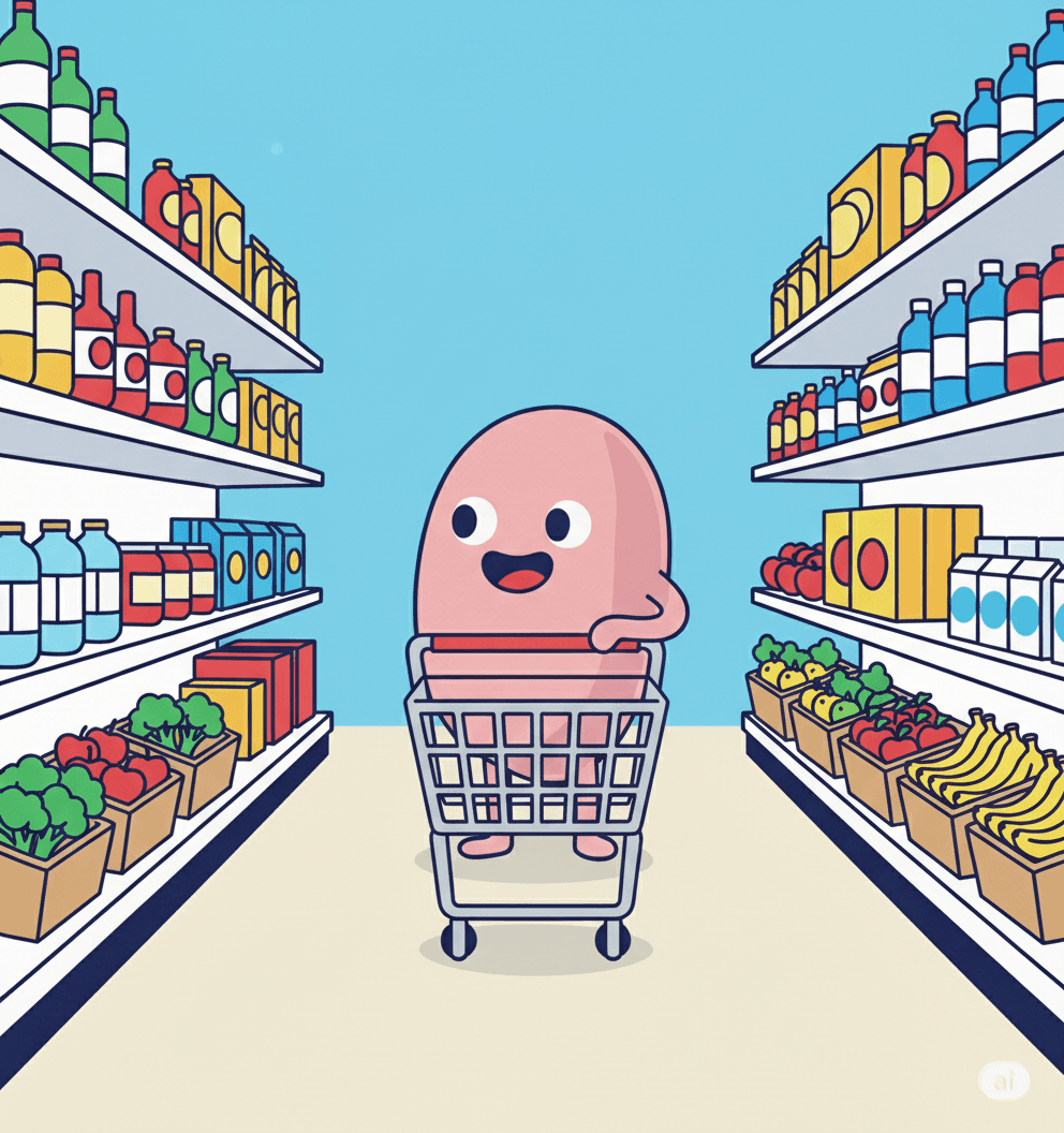 A cheerful potato character pushes a shopping cart in a bright supermarket aisle The scene includes colorful shelves stocked with bottles, cartons, and fresh produce.