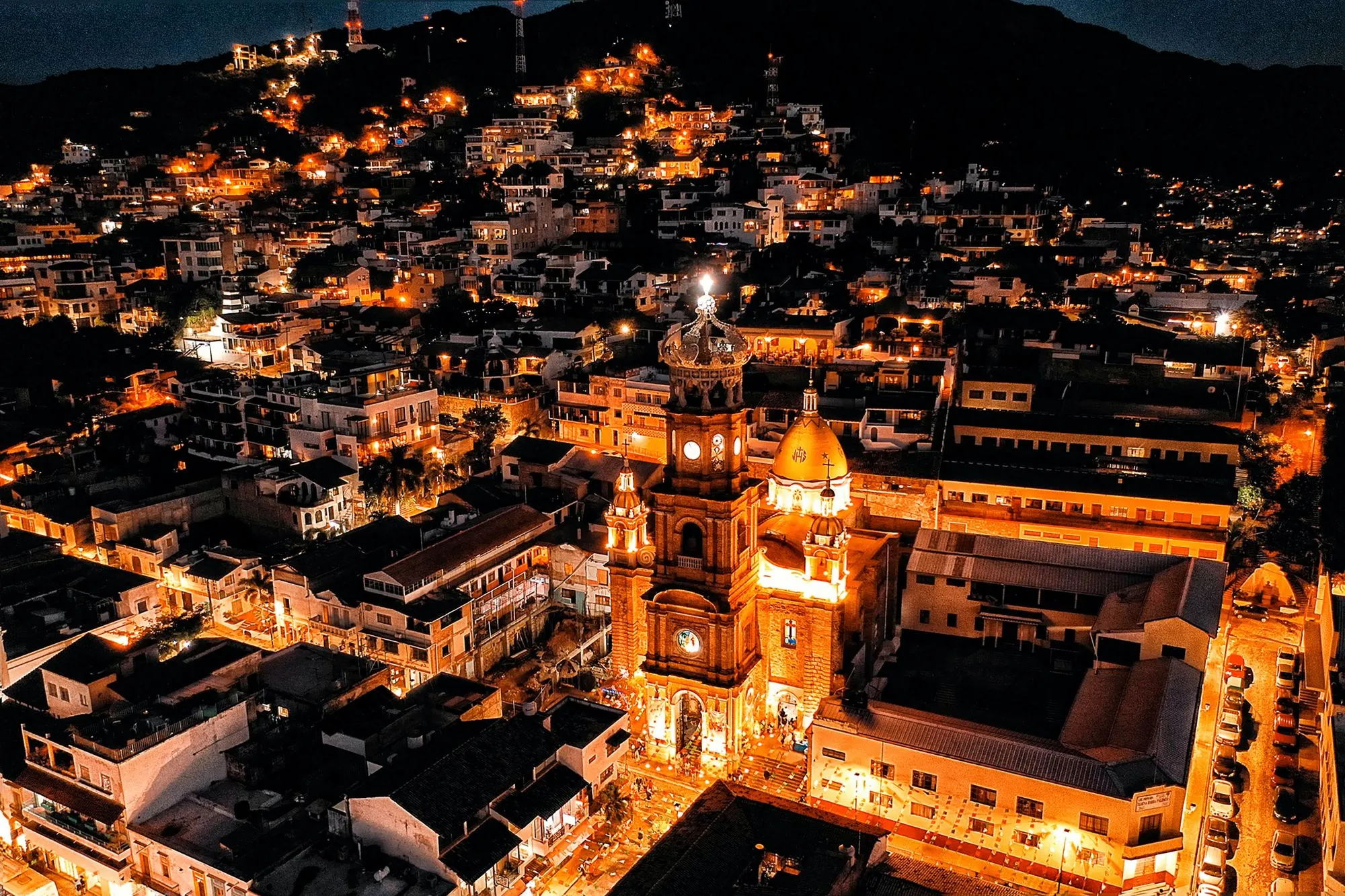 Night-time view overlooking Parroquia Nuestra Señora de Guadalupe, Puerto Vallarta