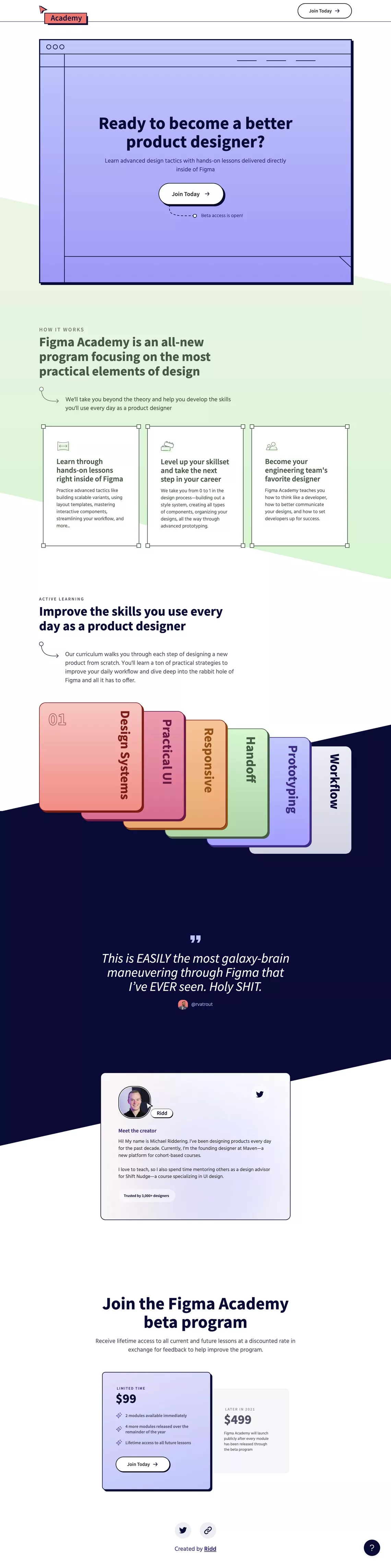 Figma Academy landing page screenshot showcasing Design and Tech design
