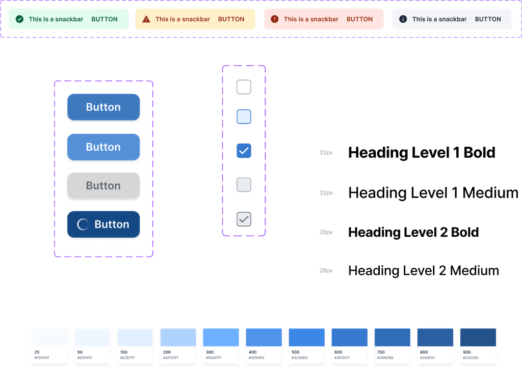 Elements of the design system, including components, typography, and color palettes, created for the project.