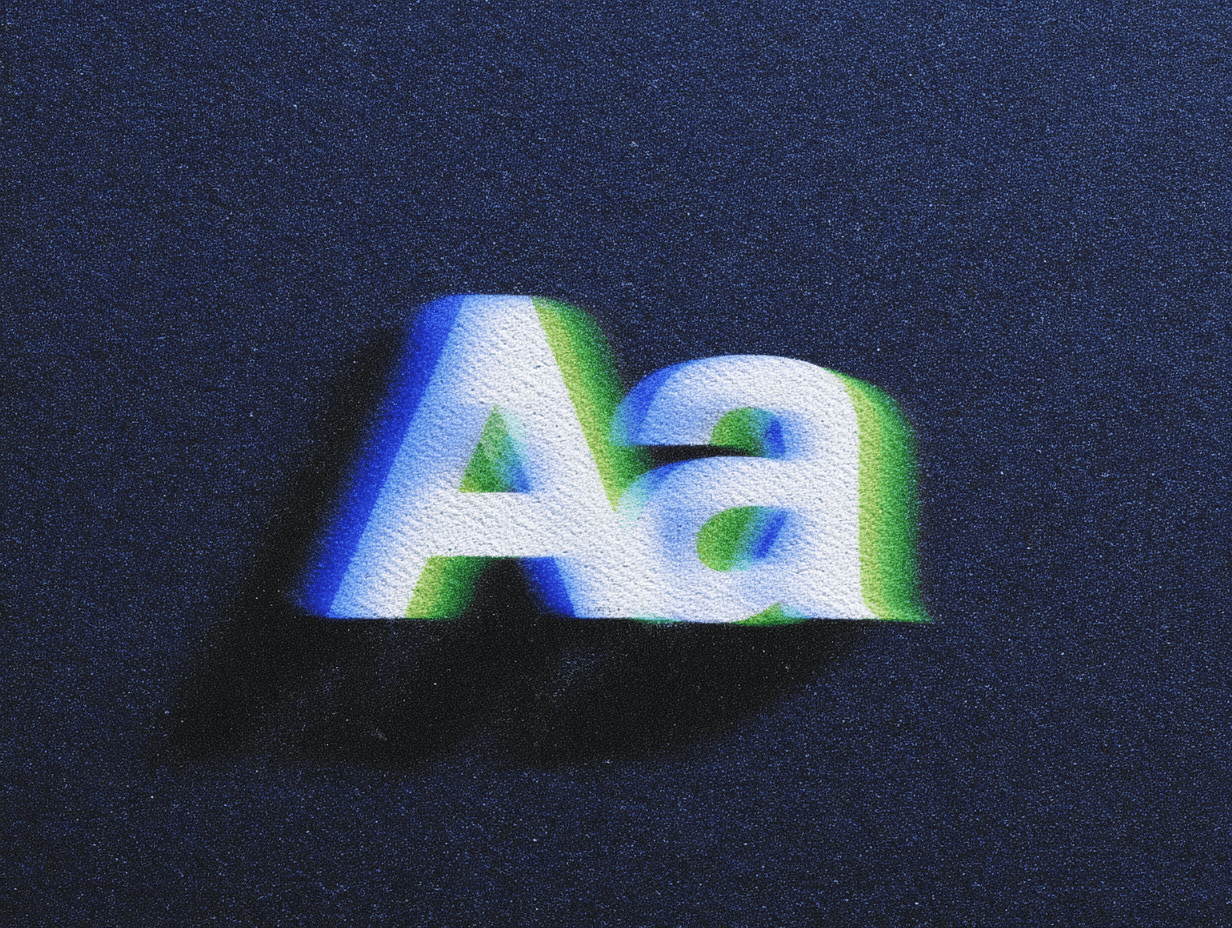 A 3D-rendered "Aa" typography specimen with white letterforms, blue and green chromatic glow effects, and a heavy grain texture against a dark navy background.