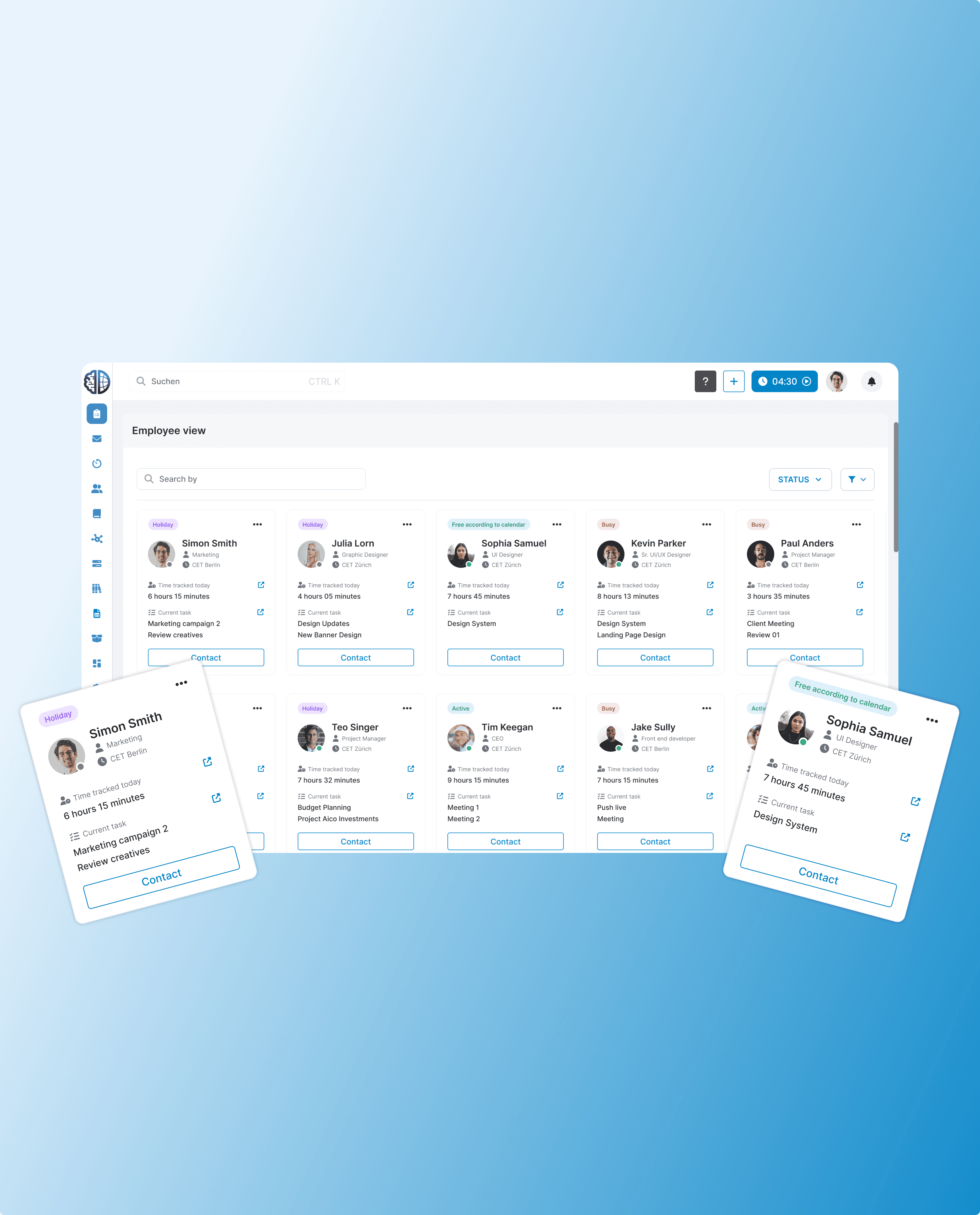 Aico internal dashboard showing an employee view with profile cards for five team members including name, role, time tracked, and current task, with individual employee detail cards fanned out on either side