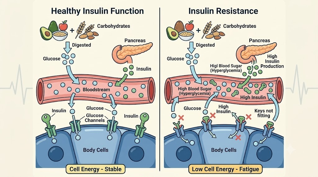 A medical infographic comparing healthy insulin function to insulin resistance, showing how glucose and insulin work in the body and cells, using food and cell illustrations.
