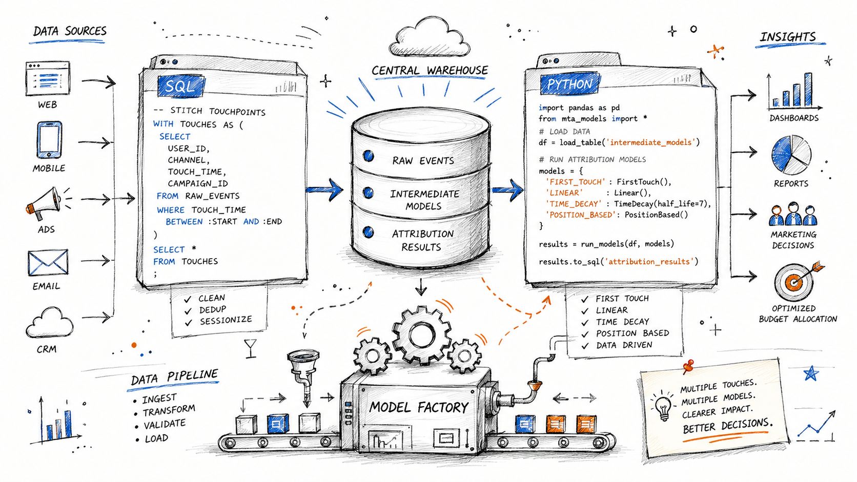 A hand-drawn diagram illustrating a multi-touch attribution data pipeline from source collection to final marketing insights.
