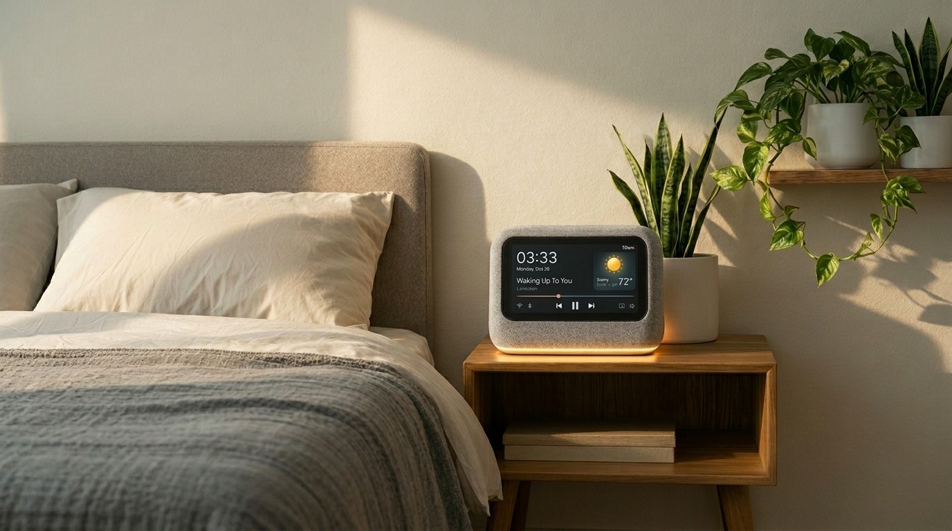 A cozy bedroom corner with a neatly made bed, wooden nightstand, vintage clock, and a potted plant catching sunlight.