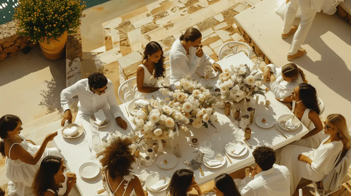 An elegant outdoor dining scene featuring a group of people dressed in white, seated around a white-clothed table adorned with lush floral arrangements, set against a backdrop of stone steps and a pool, embodying a sophisticated summer gathering atmosphere.