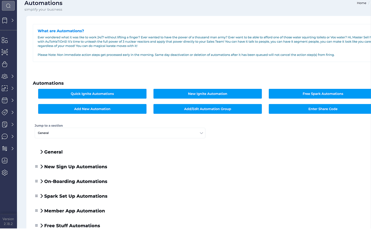 Spark automations overview page