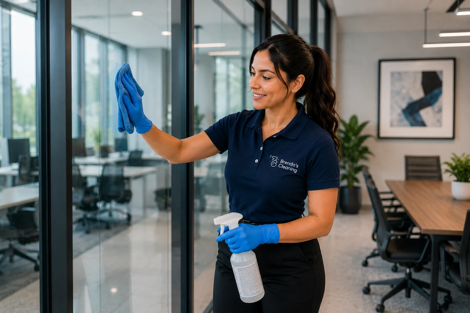 A smiling commercial cleaning professional with Brenda's Cleaning service wiping down glass office walls with a blue microfiber cloth. She is holding a clear plastic spray bottle with a white trigger nozzle in her other hand while removing smudges and cleaning the glass panel. Dressed in a branded navy blue uniform polo shirt, black work trousers, and blue protective gloves, she highlights professional office window washing, interior glass cleaning, and corporate facility janitorial services inside a modern office workspace featuring open cubicle desks, a wooden conference room table, and ergonomic office chairs in the background.