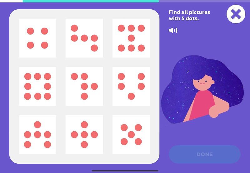 Subitizing: find all cards with 5 dots