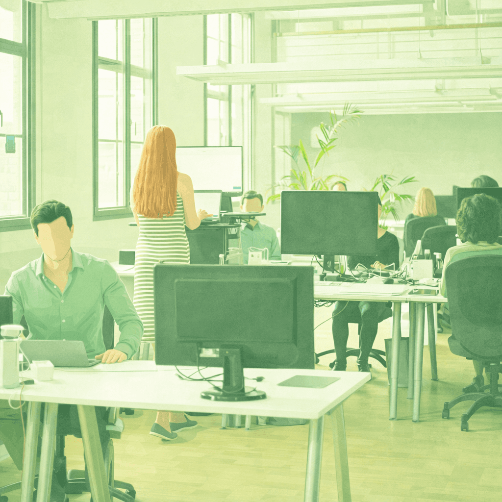 A young person with curly hair smiles at the camera while sitting in front of a laptop against a dark background.