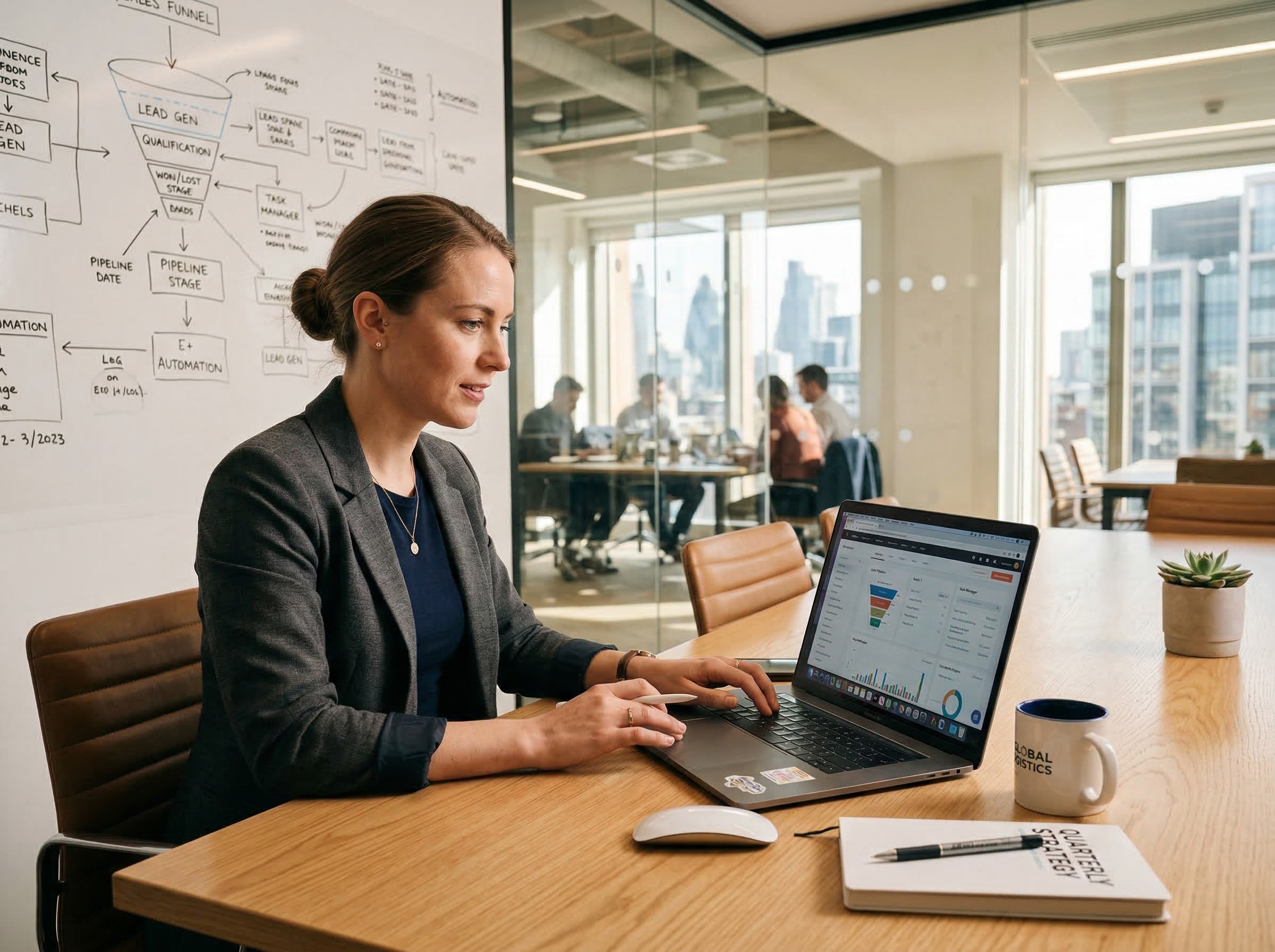 Woman at a desk reviewing a CRM analytics dashboard on a laptop with a sales funnel diagram on the whiteboard behind her.