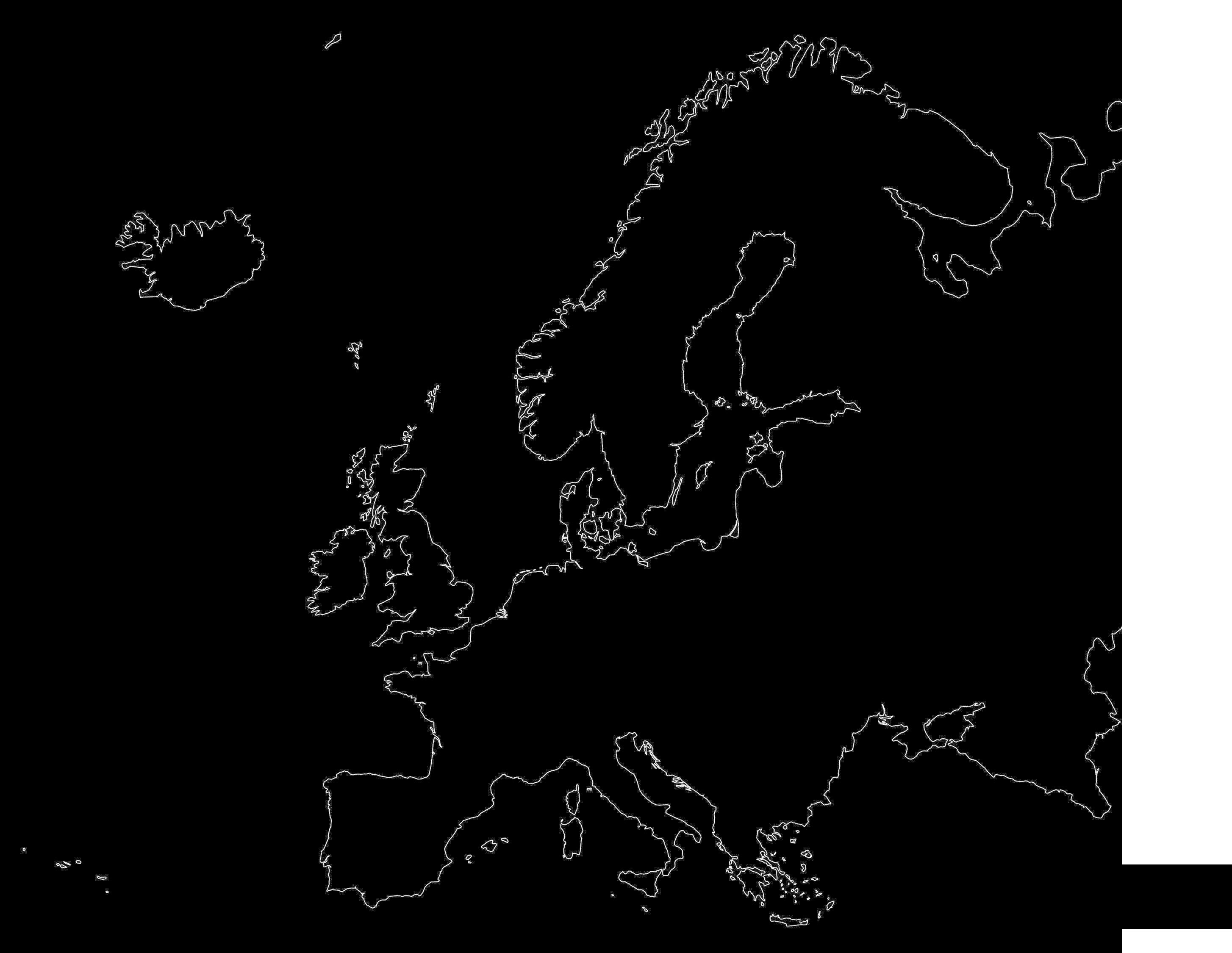 White Outline Image of Europe on a Black Background