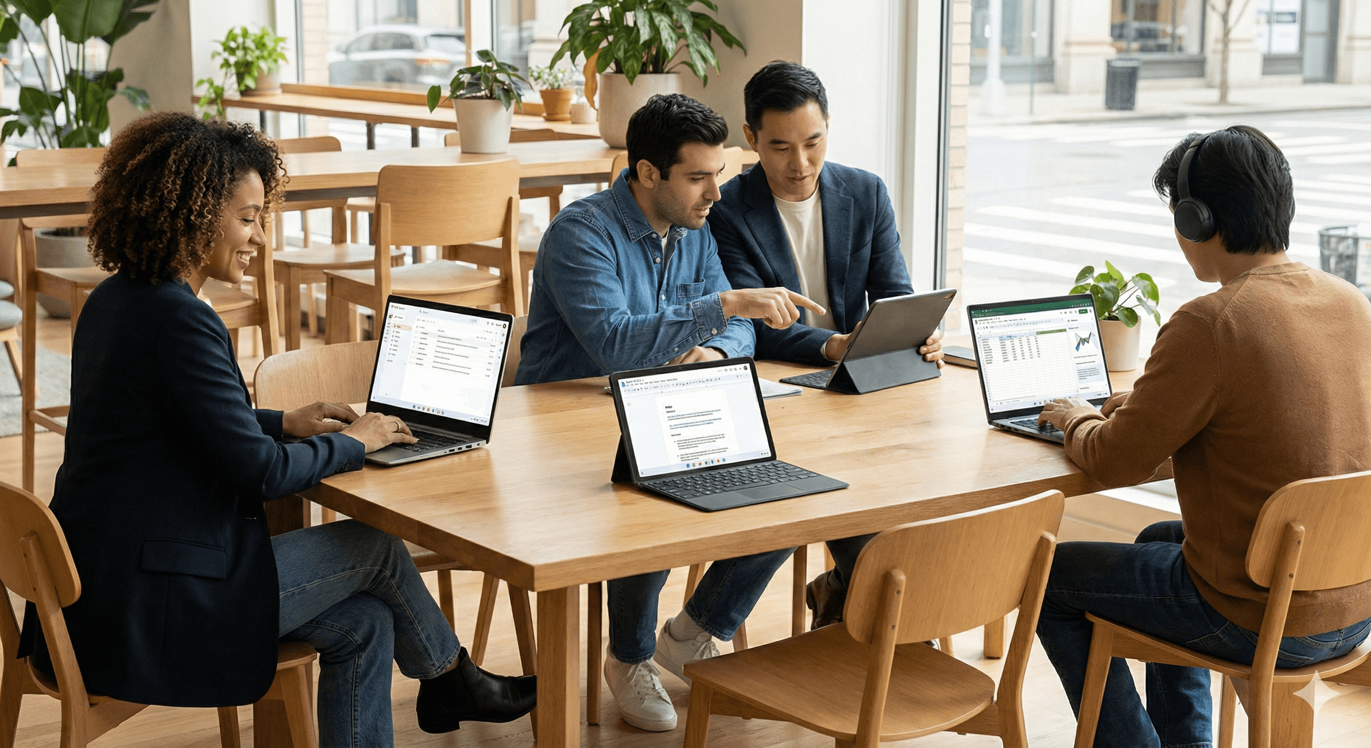 Four people are seated around a wooden table in a bright, modern office space, each working on laptops and tablets, collaborating and discussing digital files, showcasing teamwork and workflow efficiency.