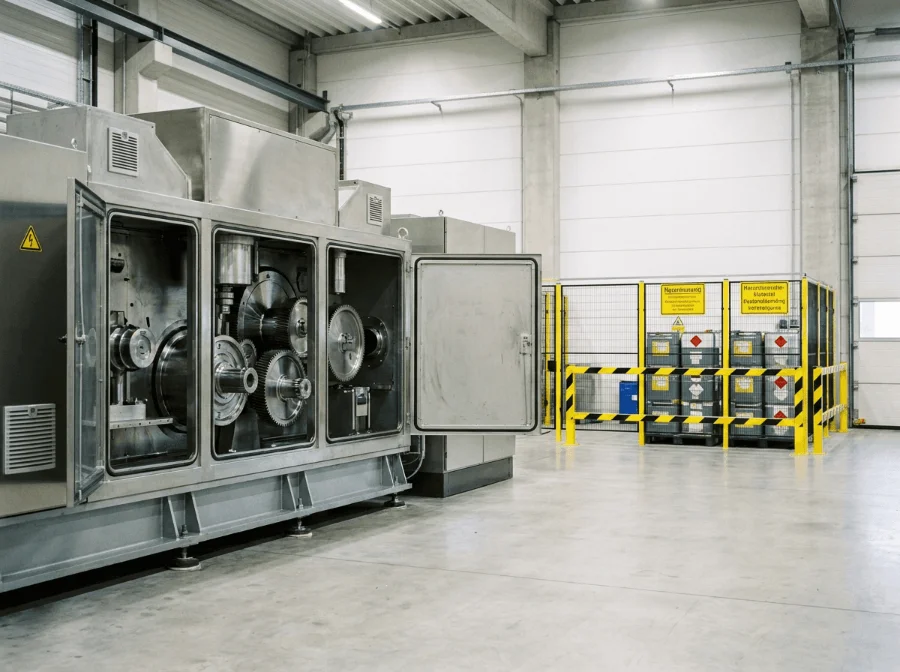 Eine große Industriemaschine mit geöffneten Gehäusetüren, die saubere Zahnräder und Getriebeteile im Inneren zeigt, neben einem abgesperrten Sicherheitsbereich für Gefahrgut im Hintergrund.