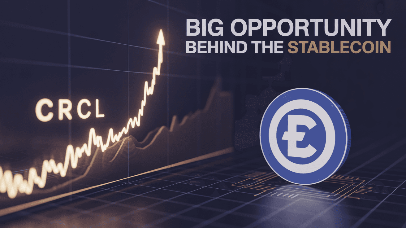 Rising CRCL chart beside glowing stablecoin logo and big opportunity headline