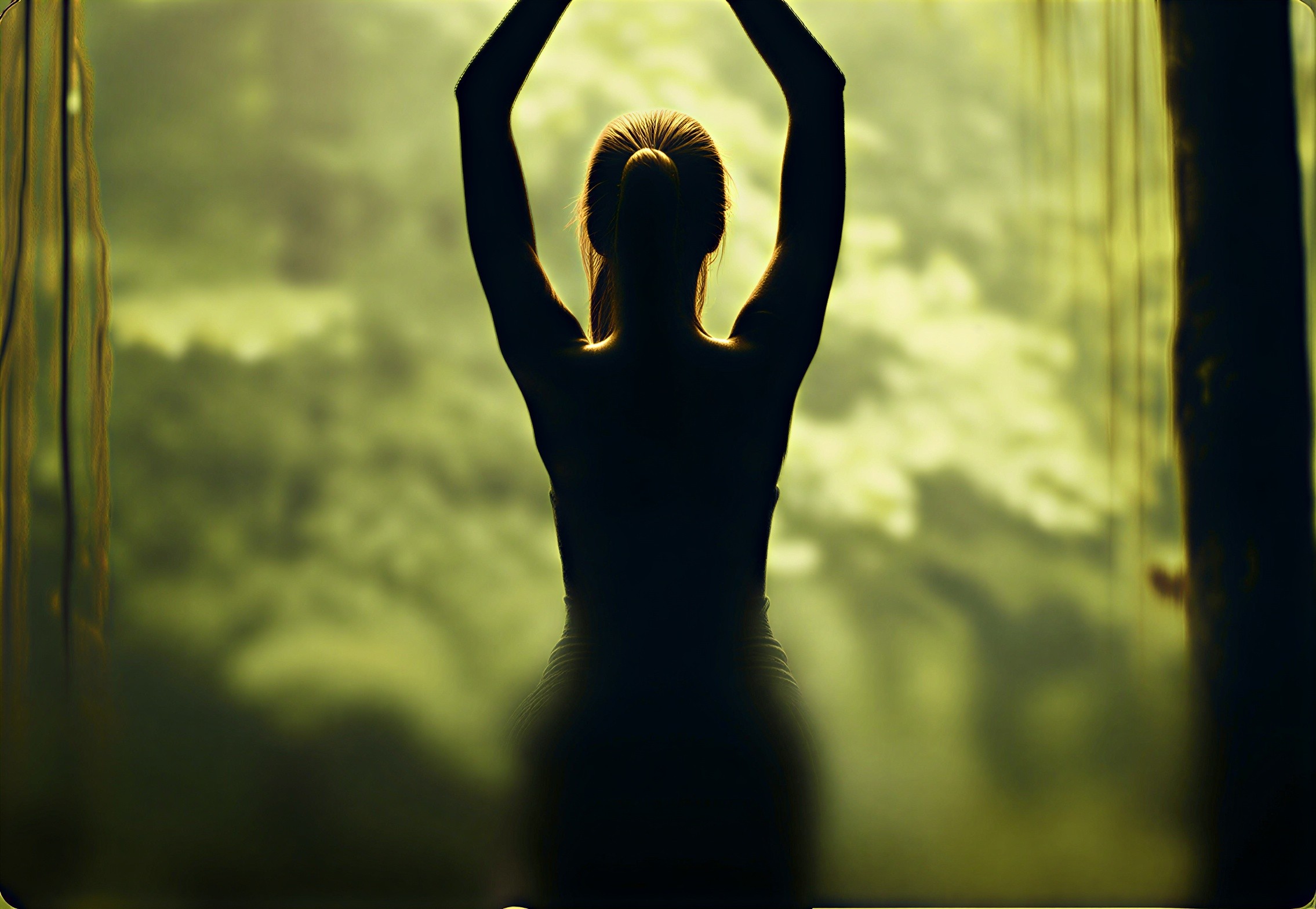 Silhouetted woman raises arms in yoga pose inside lush forest.