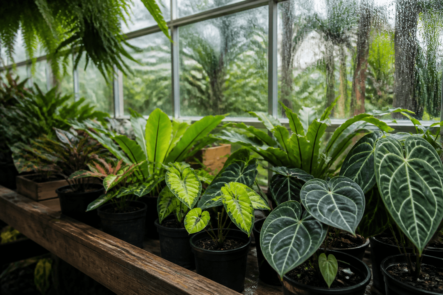 Tropical plants in nursery pots on a bench inside a bright greenhouse in Thailand