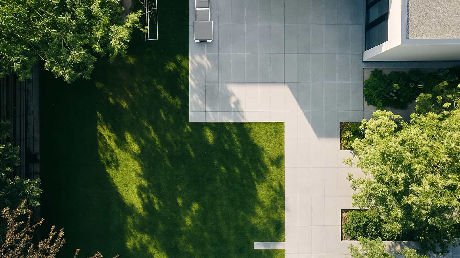 Modern backyard with lawn and patio layout, outdoor space planning, aerial view