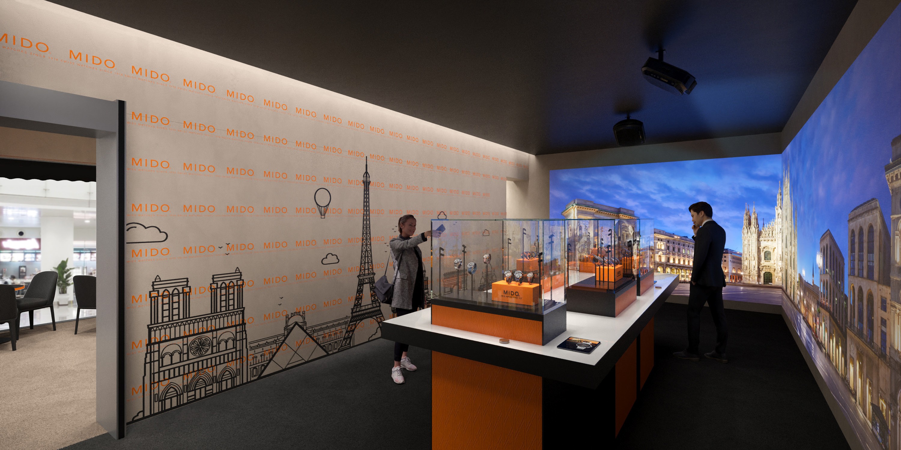 Immersive area and cinema of MIDO watches Pop up design and exhibition retail concept for Switzerland market