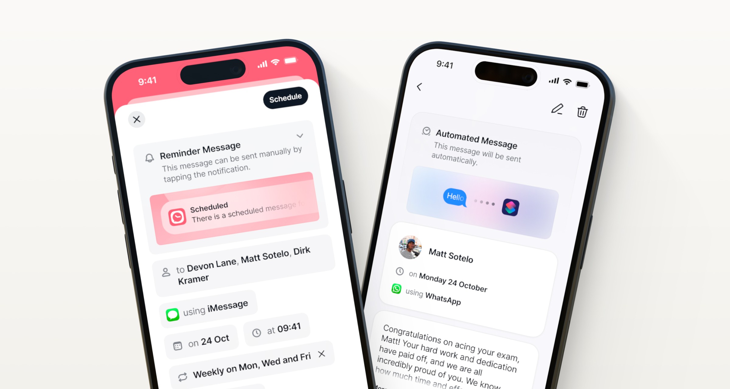 Two iPhones showing the Scheduled iOS application. The left screen is showing the Compose view, the right screen is showing Message Details.