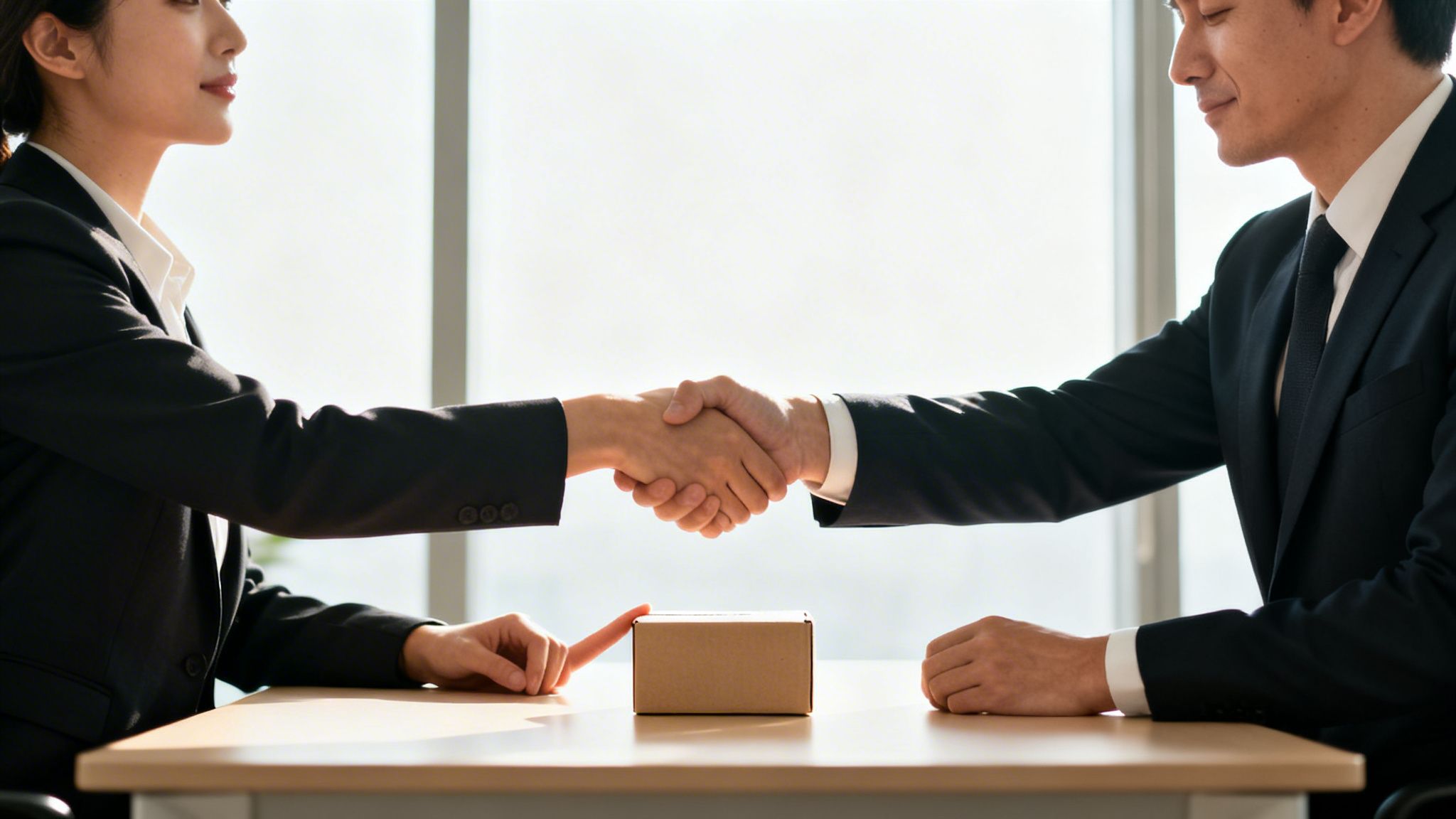 Kaksi liikemiestä kättelee sopimuksen merkiksi toimistopöydän ääressä, jonka päällä on pieni pahvilaatikko.