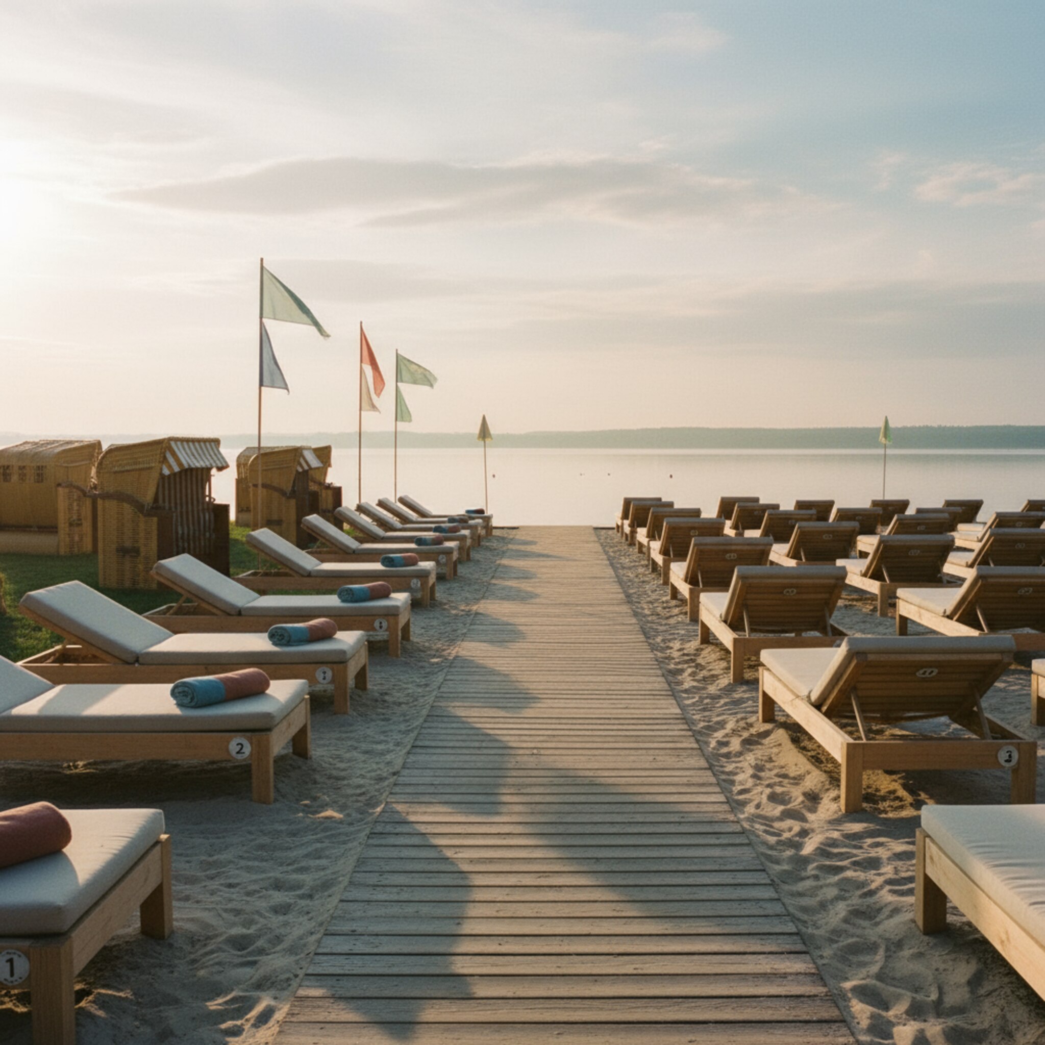 In der Morgensonne stehen nummerierte Liegen in geraden Reihen, zwischen den Liegen ein klarer Gang aus Holzbohlen. Ein paar Strandkörbe werfen kurze Schatten, kleine Fähnchen markieren reservierte Plätze. Die Szene wirkt ruhig, geordnet und einladend.