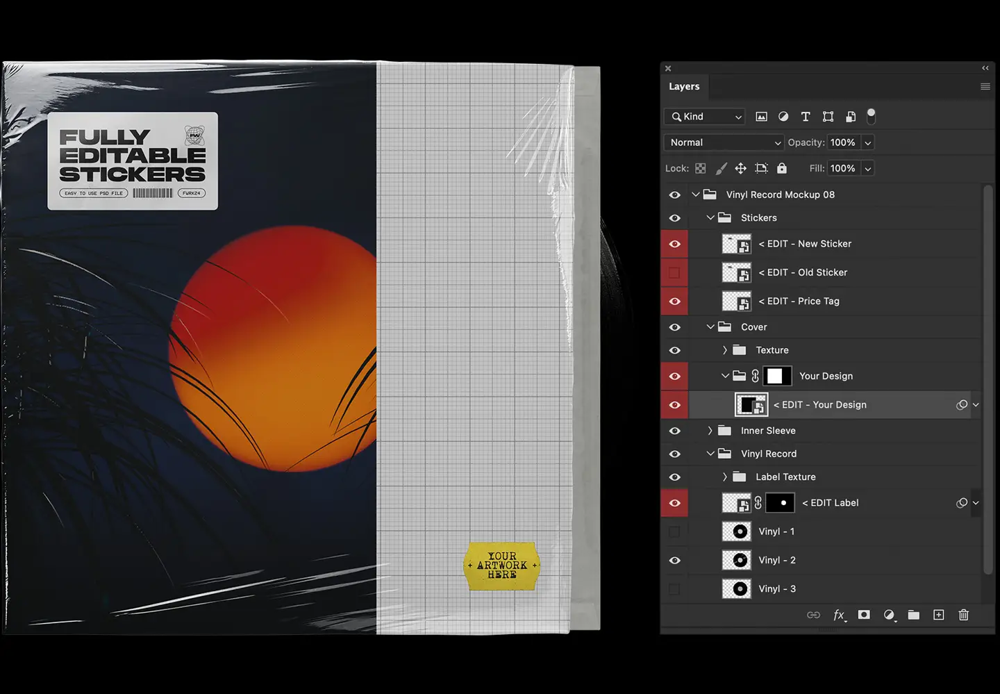 Vinyl record mockup layered Photoshop PSD showing organized smart object layers