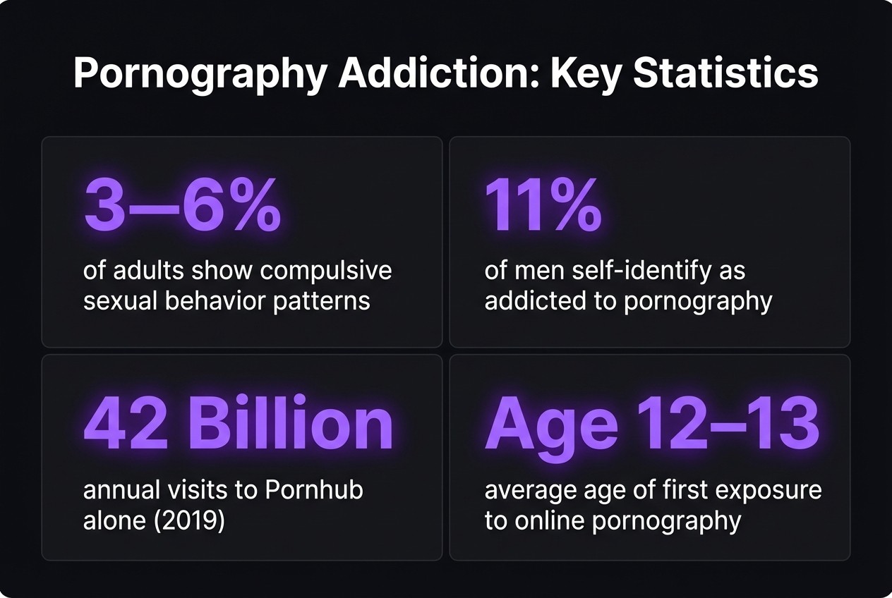 Key pornography addiction statistics showing 3 to 6 percent of adults exhibit compulsive patterns, 11 percent of men self-identify as addicted, 42 billion annual visits to Pornhub in 2023, and average first exposure at age 12 to 13