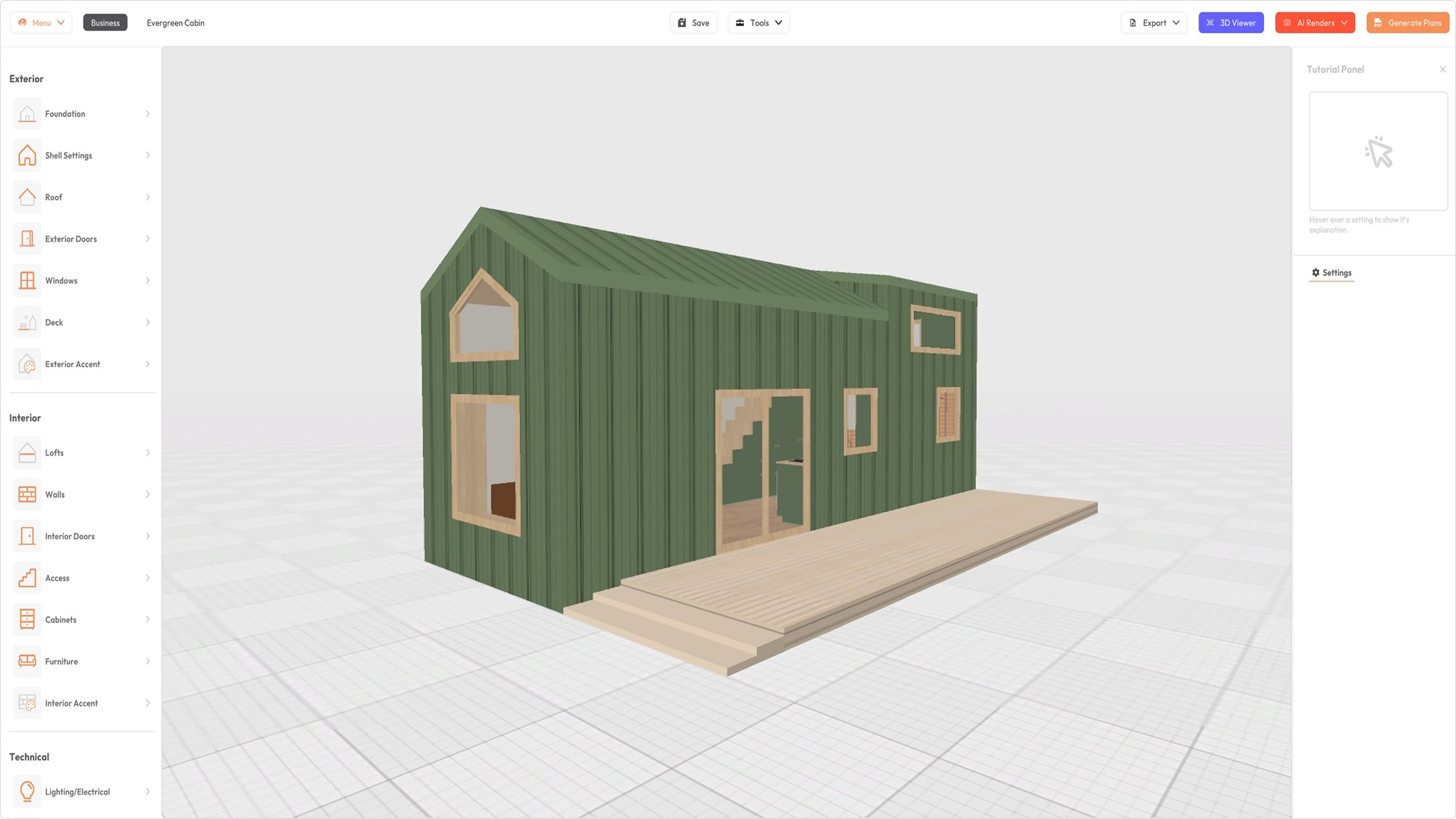 Evergreen Cabin Plans with Loft 3D model preview in Tiny Easy's 3D Designer Platform