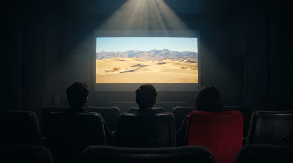 Audience silhouettes facing a lit screen in a dark screening room