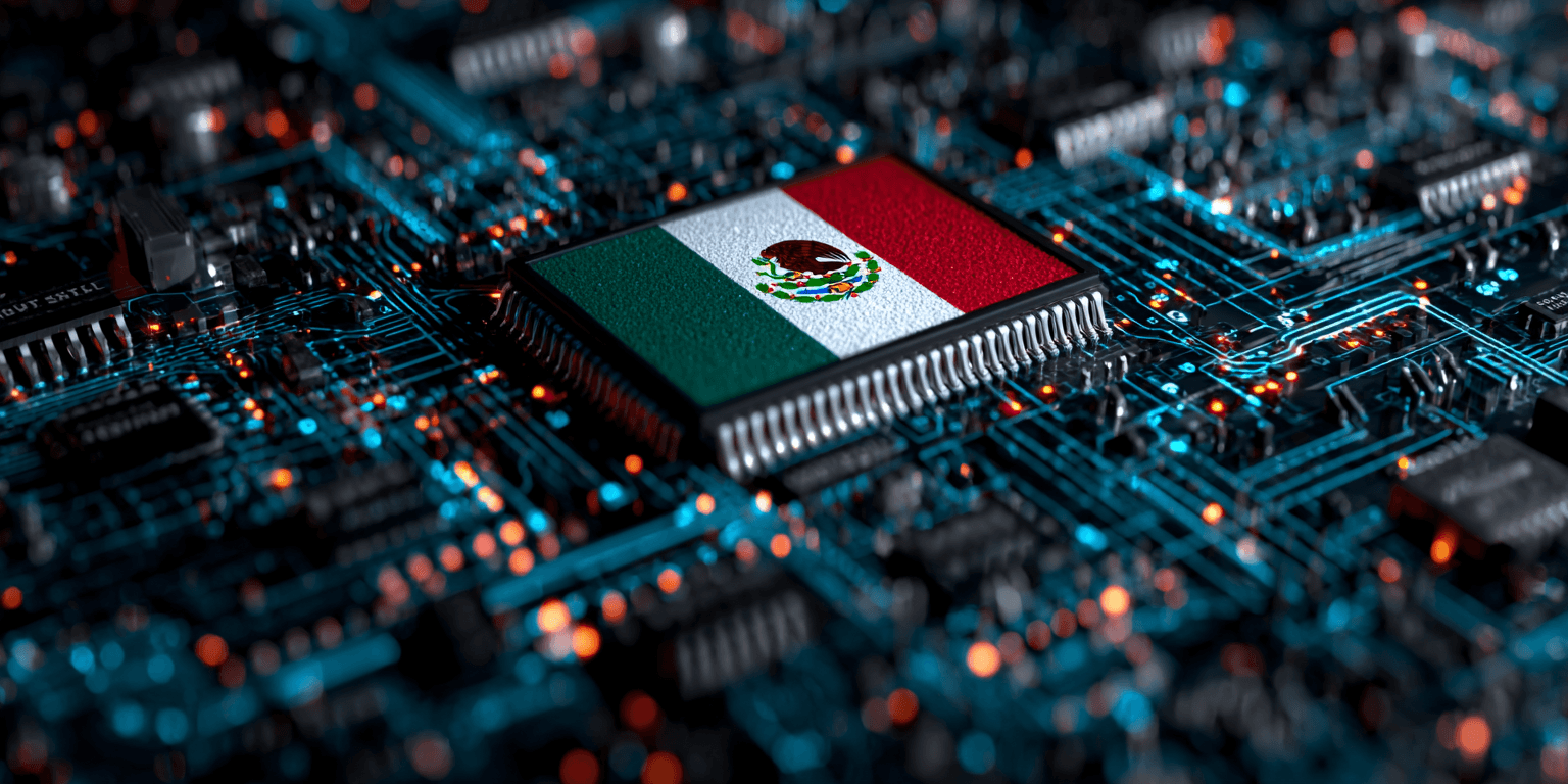Abstract digital composition with Mexican flag colors flowing through circuit boards and neural networks