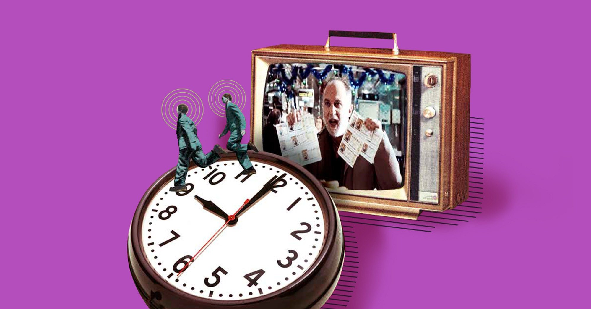Hombres caminando sobre un reloj con televisión vintage en el fondo, concepto de carrera contra el tiempo.
