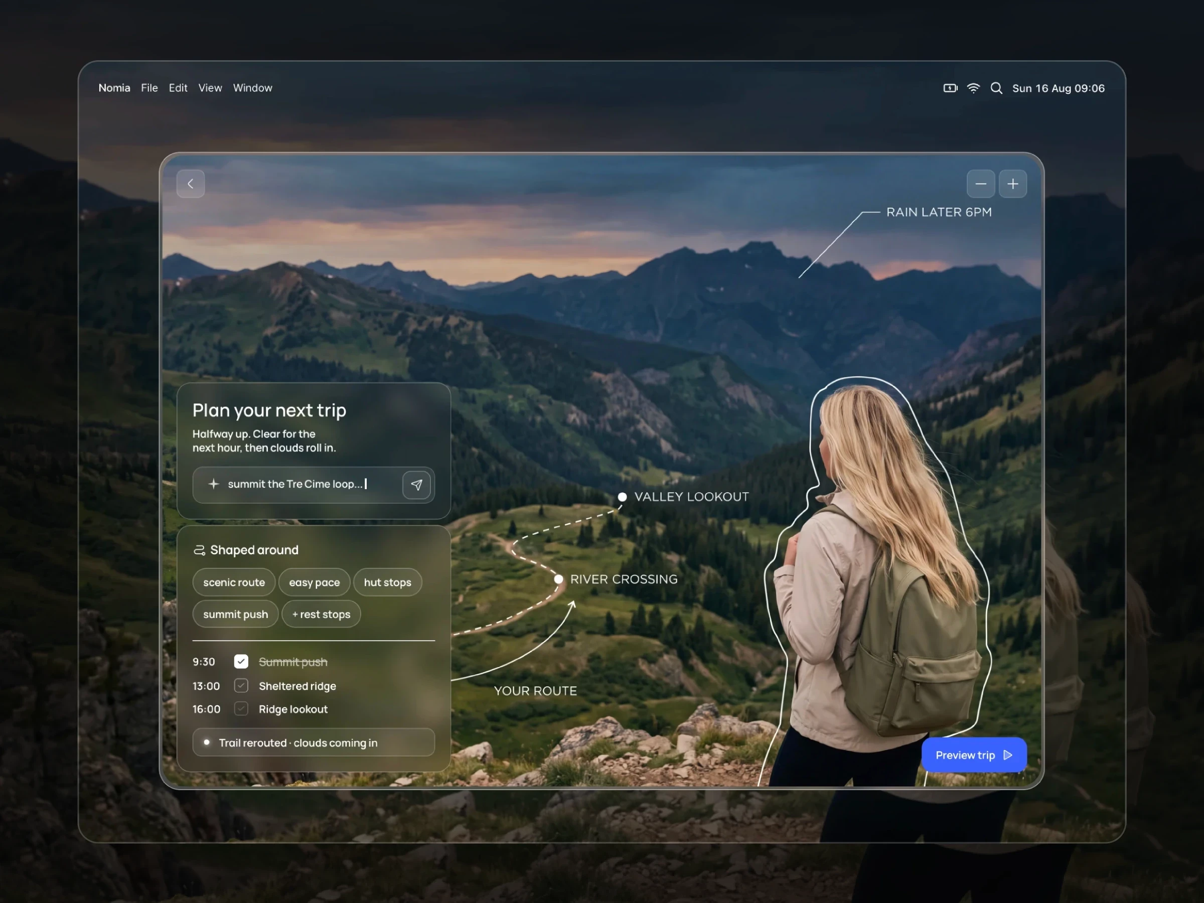 Nomia desktop trip planner with live route map