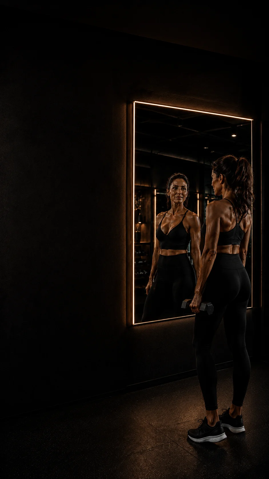 Woman holding dumbbells beside a mirror for testosterone therapy for women
