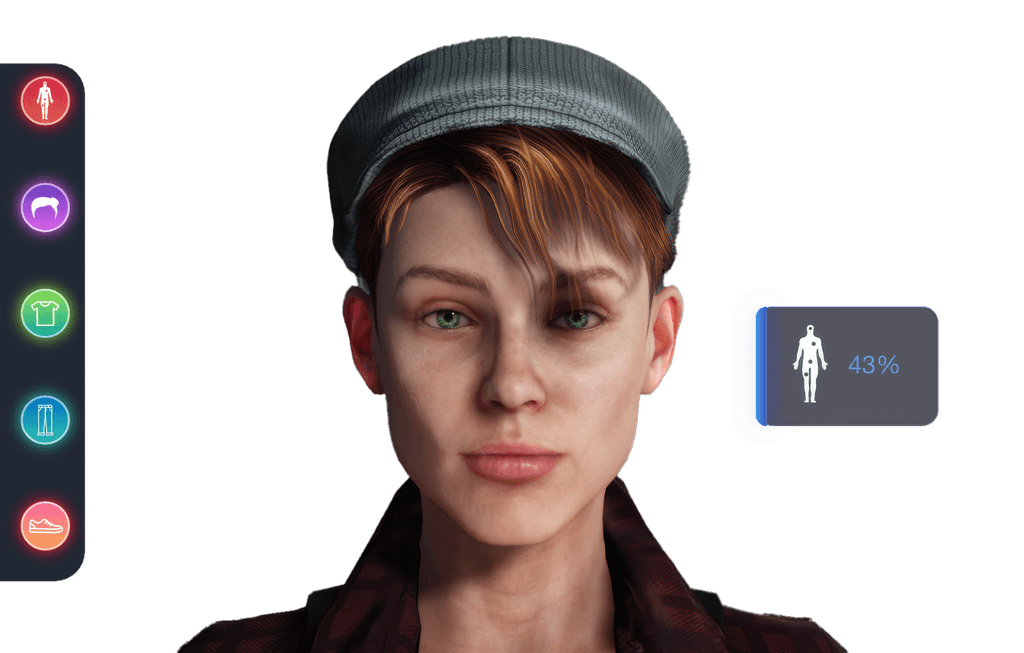 3D digital avatar interface with customization menu, showing options for hair, clothing, and accessories on the left. A detailed close-up of the avatar's face wearing a cap, with a progress indicator displaying 43% on the right