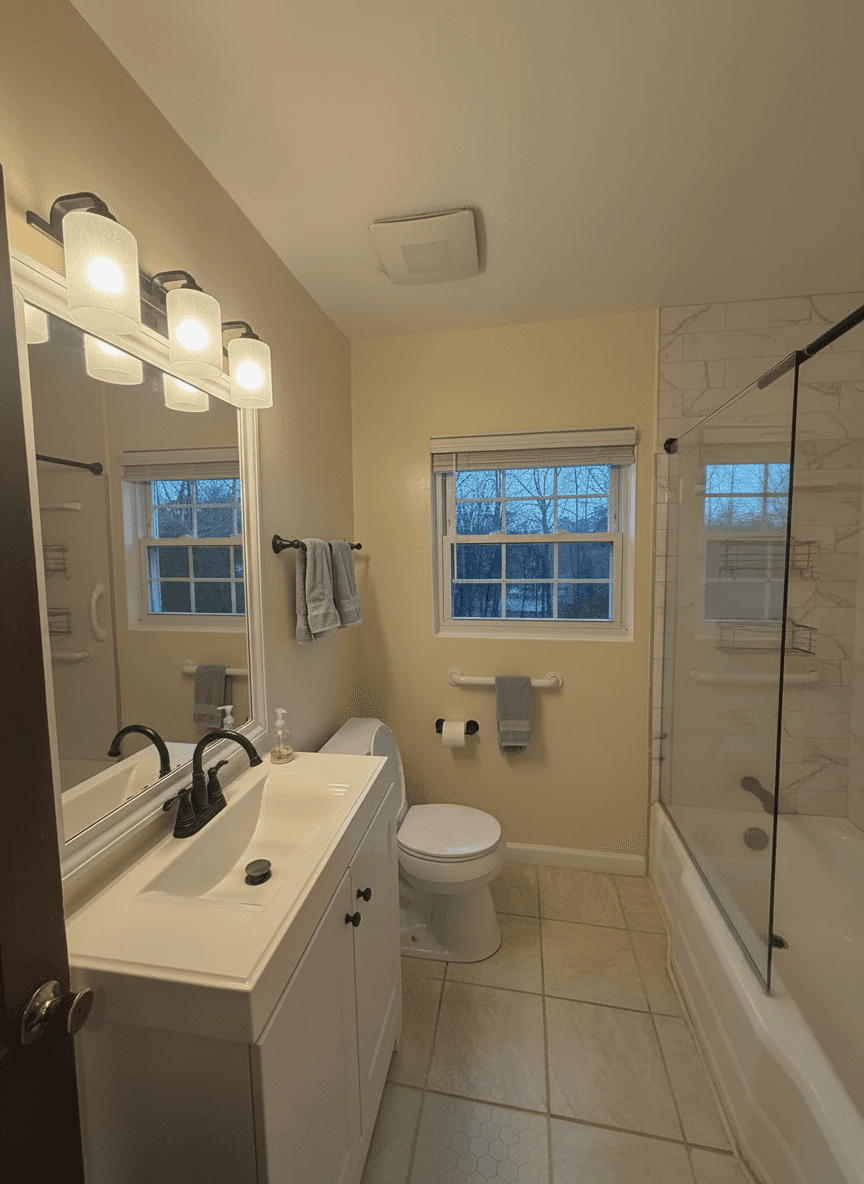 Spa direction — warm white walls, marble-look tub surround, glass panel