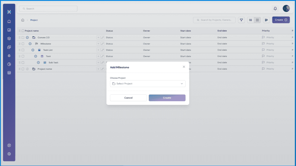 Add milestone modal showing project selection and create action within a project management interface.