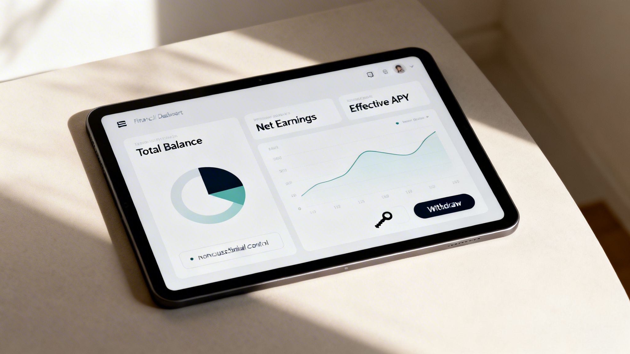 A tablet displaying a financial dashboard with charts for total balance, net earnings, and effective APY.