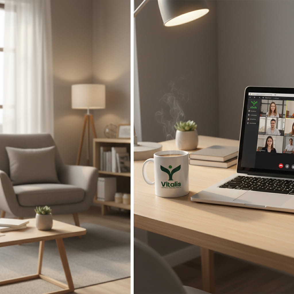 Taza con logo de Centro Vitalis presente tanto en consulta presencial como online.