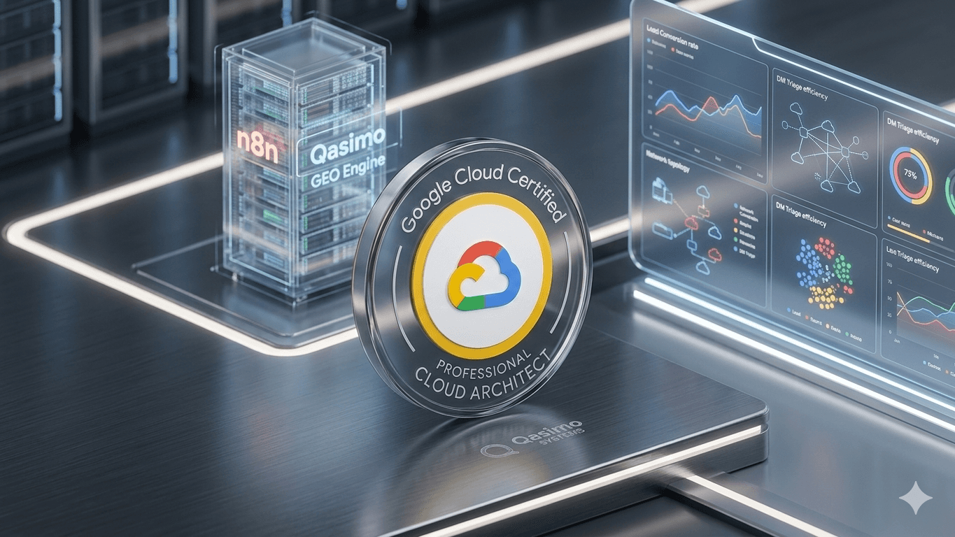 A hyper-realistic, 3D isometric composition of the official Google Cloud Professional Cloud Architect certification badge. The polished metal badge rests on a brushed dark metallic surface. In the mid-ground, a glowing holographic server rack displaying an n8n workflow, and a digital dashboard with line graphs and data clusters are visible in the futuristic background.