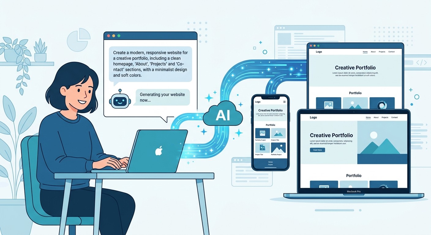 Illustration of typing a prompt into an AI agent and a finished website appearing on a phone and laptop