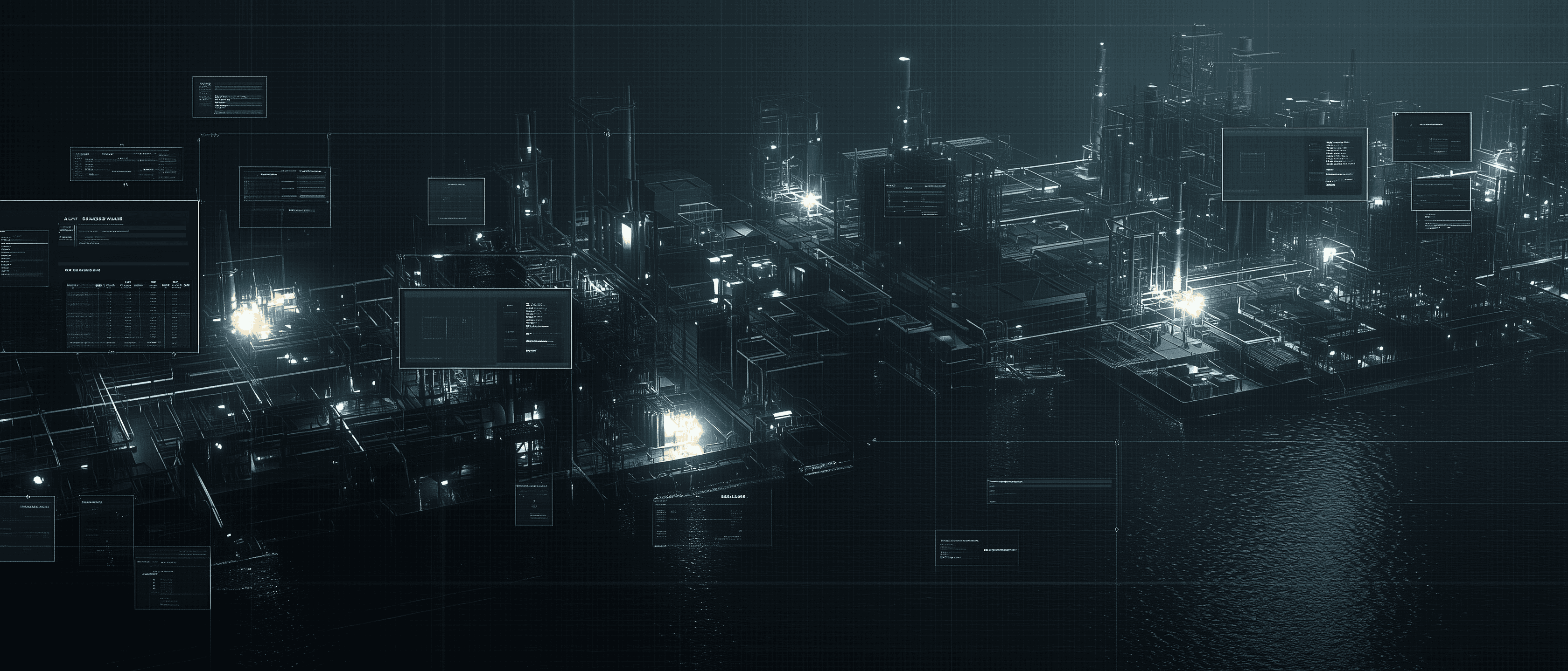 Abstract dark manufacturing network with an illuminated industrial port complex and floating interface panels suggesting trade intelligence, operational visibility, and system-level control.