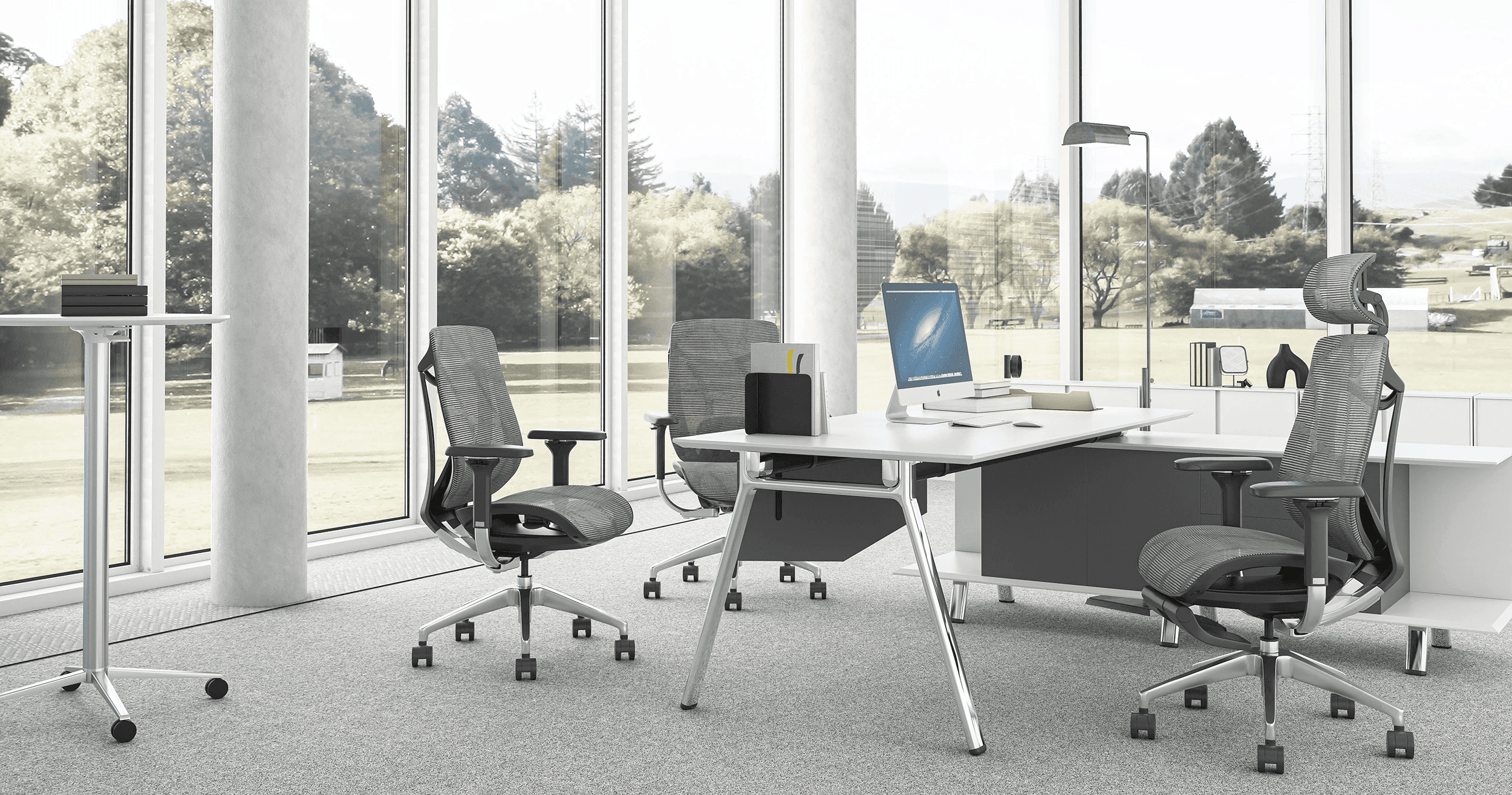 TCHOD 833A ergonomic mesh office chairs with adjustable headrests and lumbar support in a modern, bright executive office featuring floor-to-ceiling windows and a minimalist white desk.