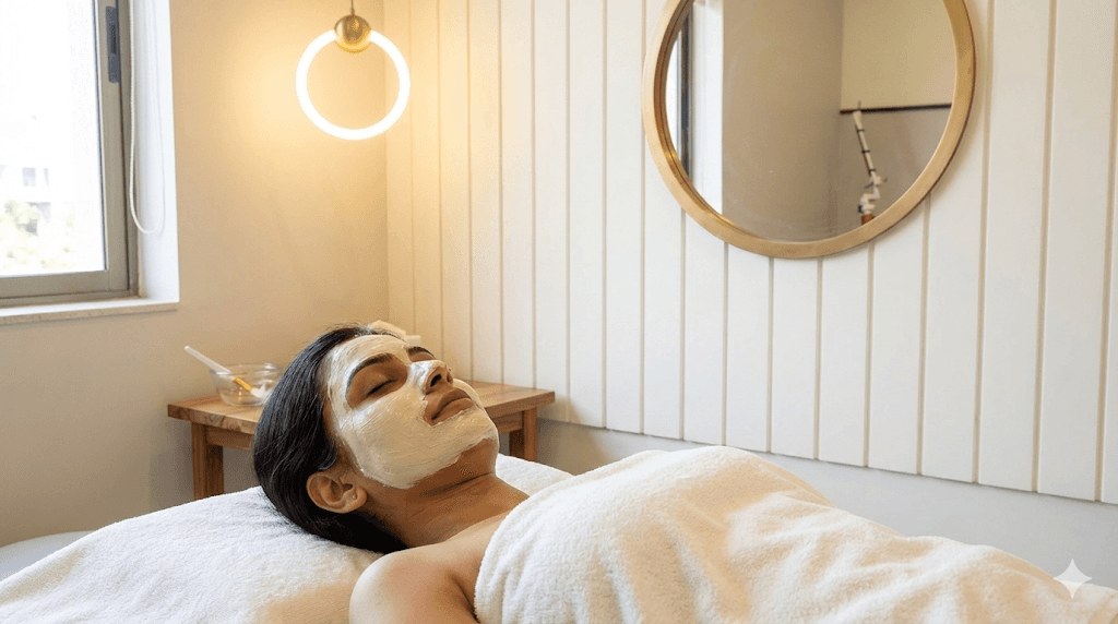  Indian woman lying down with a therapeutic mask or serum applied, looking relaxed during a medical facial procedure.