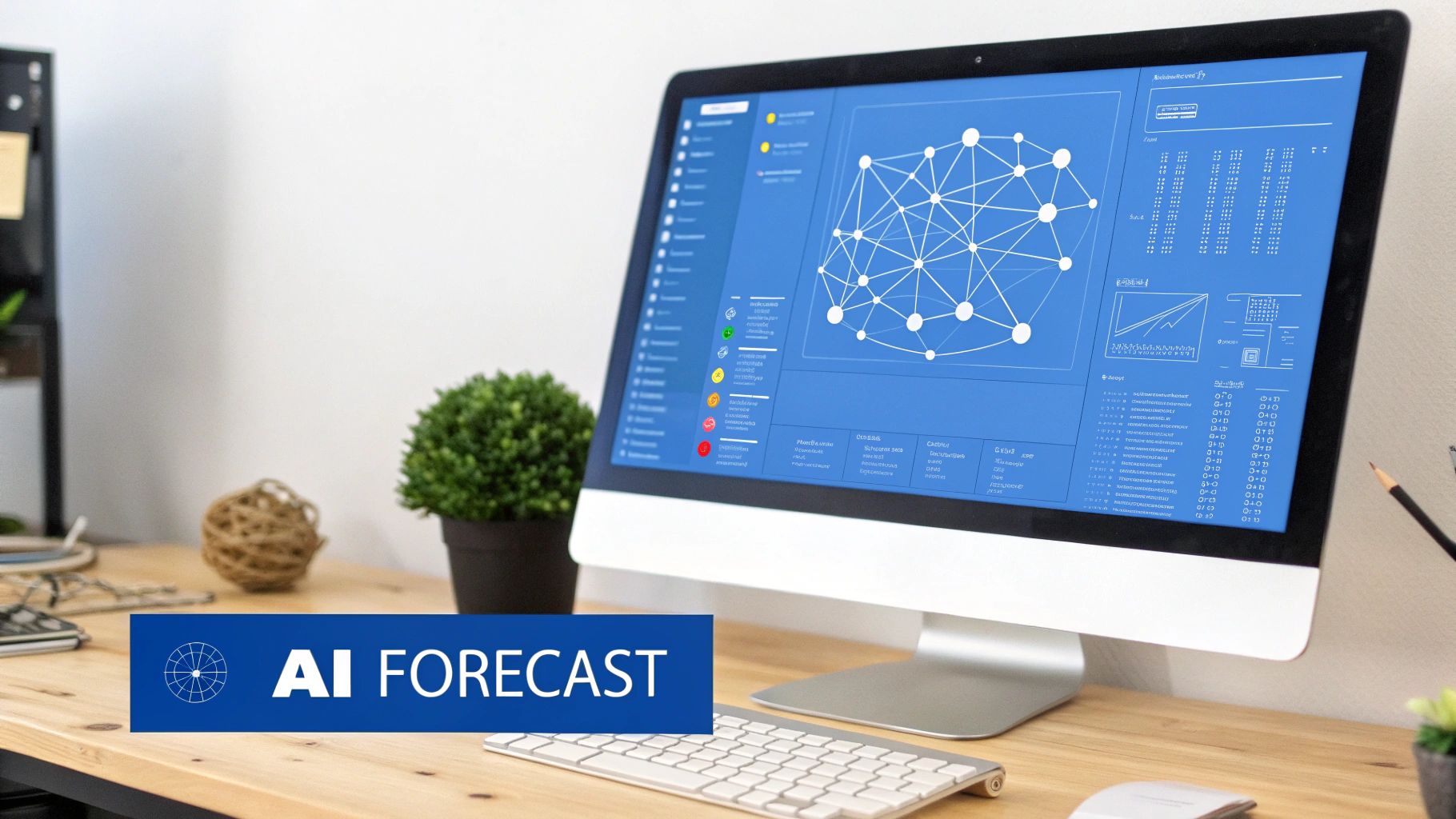 A computer screen displays a blue AI forecast interface with a network graph and data analytics on a wooden desk.