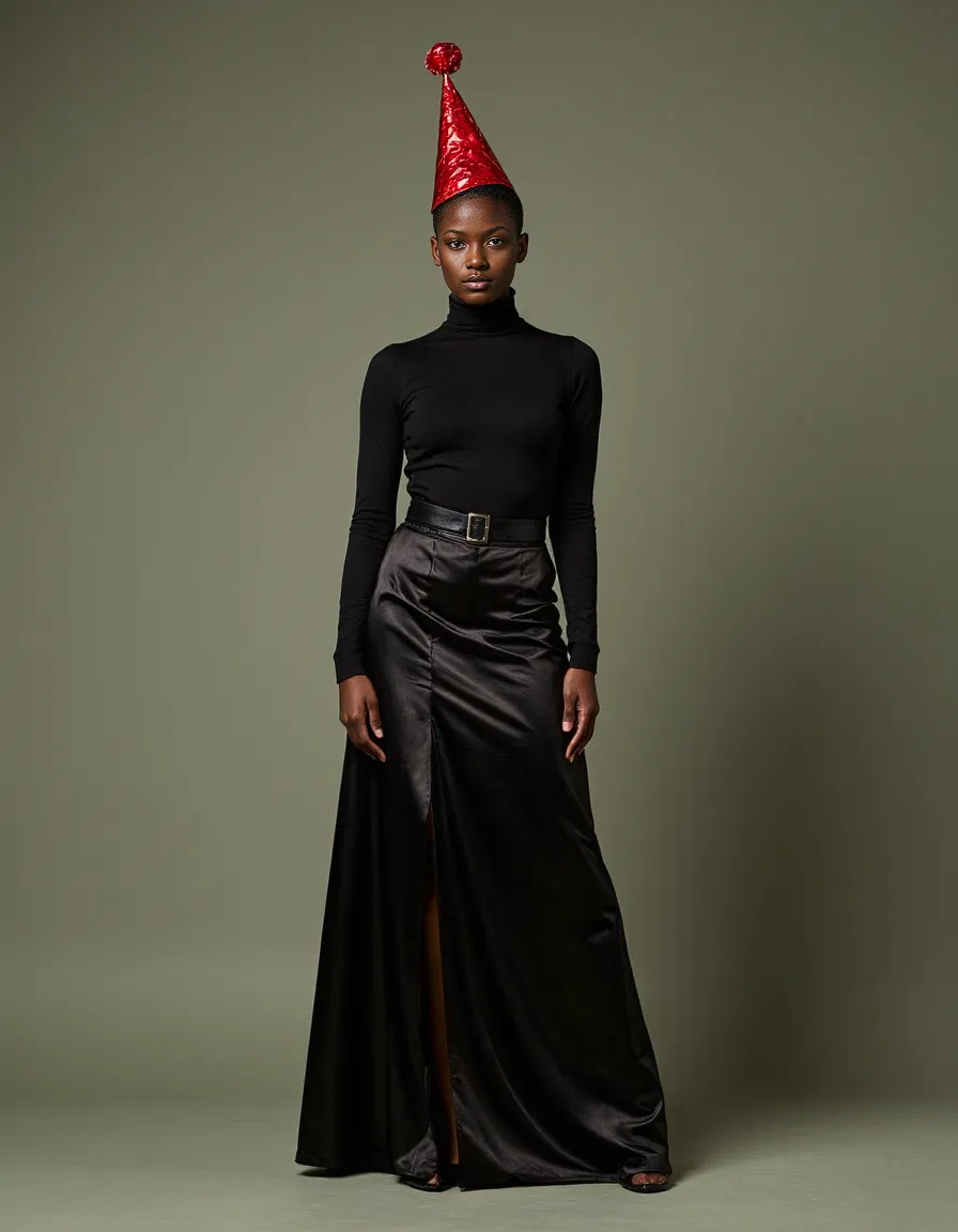 Fashion portrait featuring a black turtleneck and satin maxi skirt with side slit, accessorized with a bright red party hat against olive backdrop